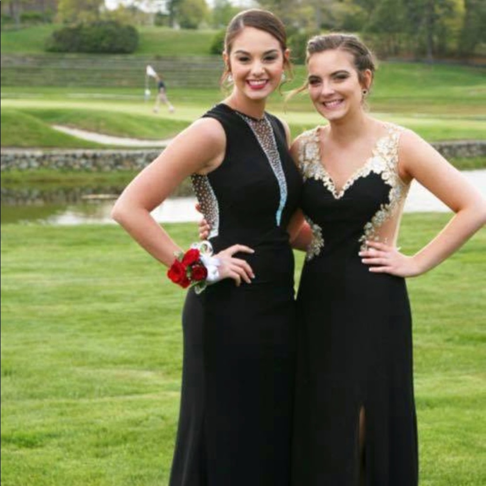 Black Prom Dress with Gold and Silver Embroidery